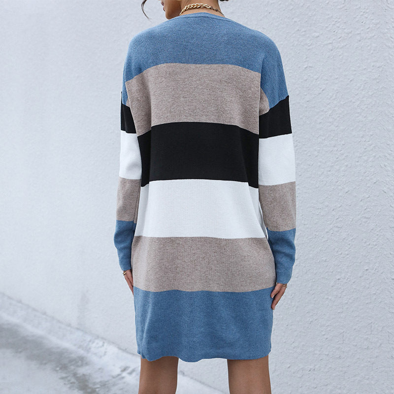 Women Wear Early Autumn Casual Color Matching Long Sleeve Sweater Dress