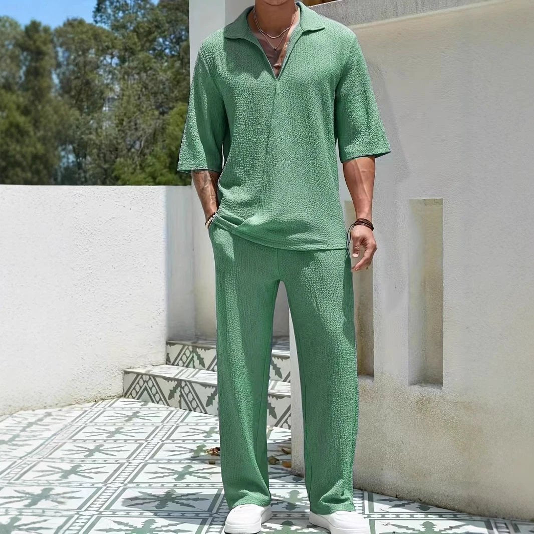 Commuter Men's Casual Shirt Solid Color Half Sleeve Trousers Two-piece Suit