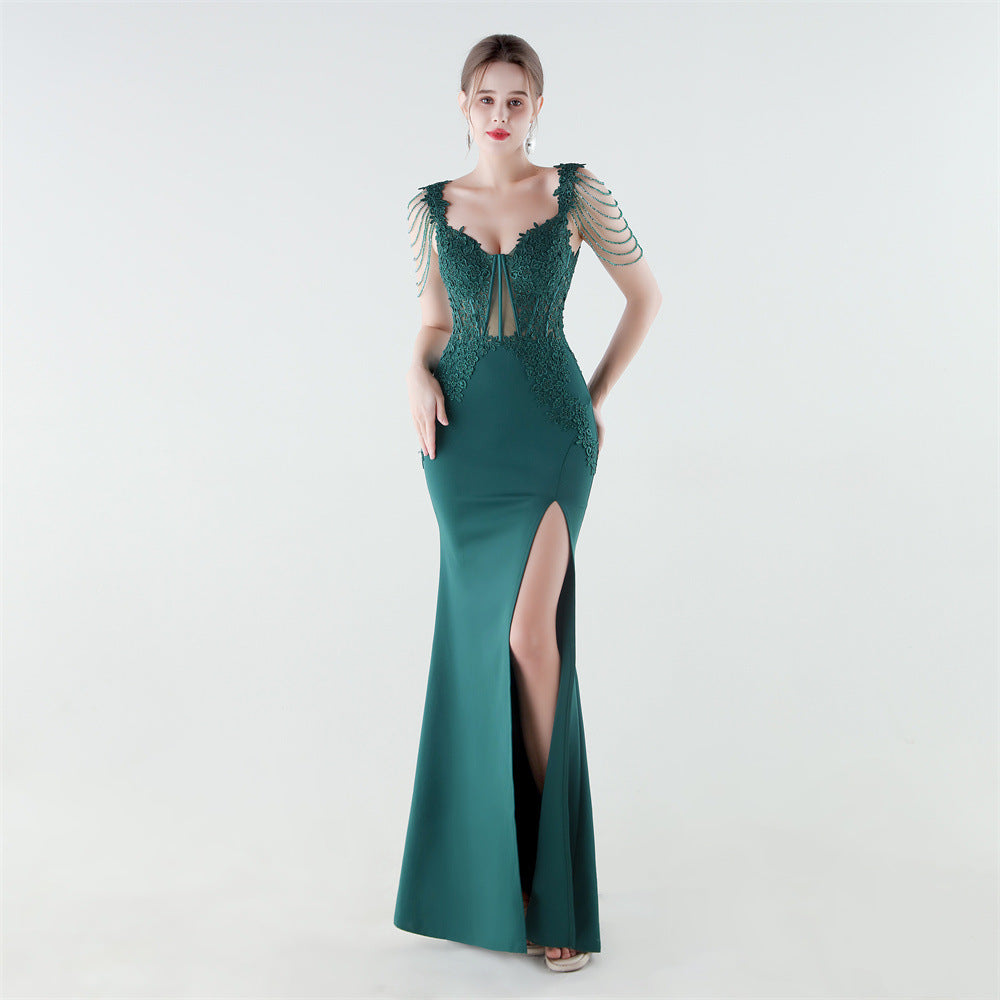 Heavy Industry Boning Corset Waist Binding Rhinestone Floral Evening Dress
