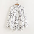 Women Floral Print Loose Collared Long Sleeves Shirt Washable ink print blouse