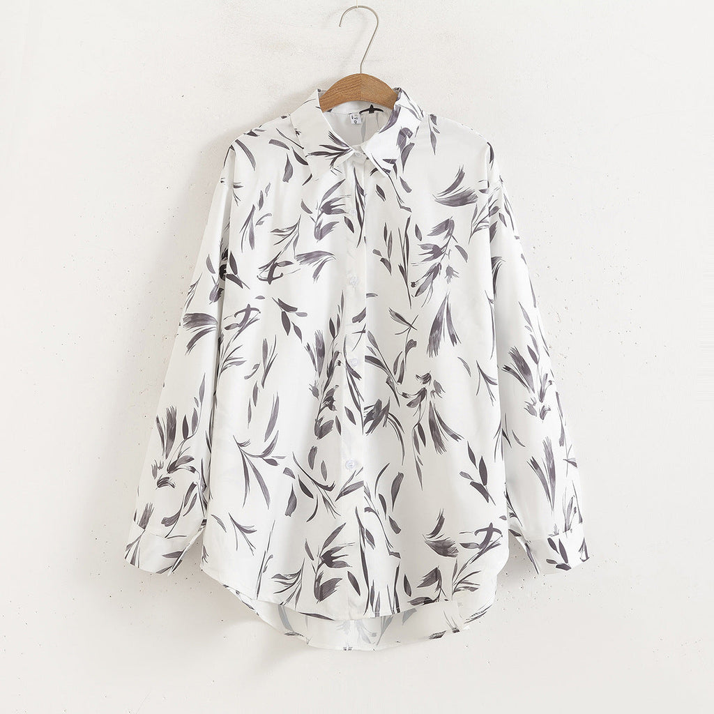 Women Floral Print Loose Collared Long Sleeves Shirt Washable ink print blouse