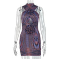 Women Clothing Slimming Printed Street Hip Dress Waist Hanging Collar Short Sleeveless Dress