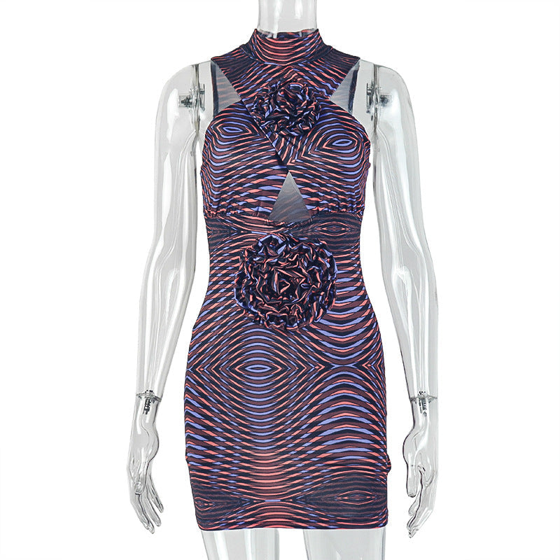 Women Clothing Slimming Printed Street Hip Dress Waist Hanging Collar Short Sleeveless Dress