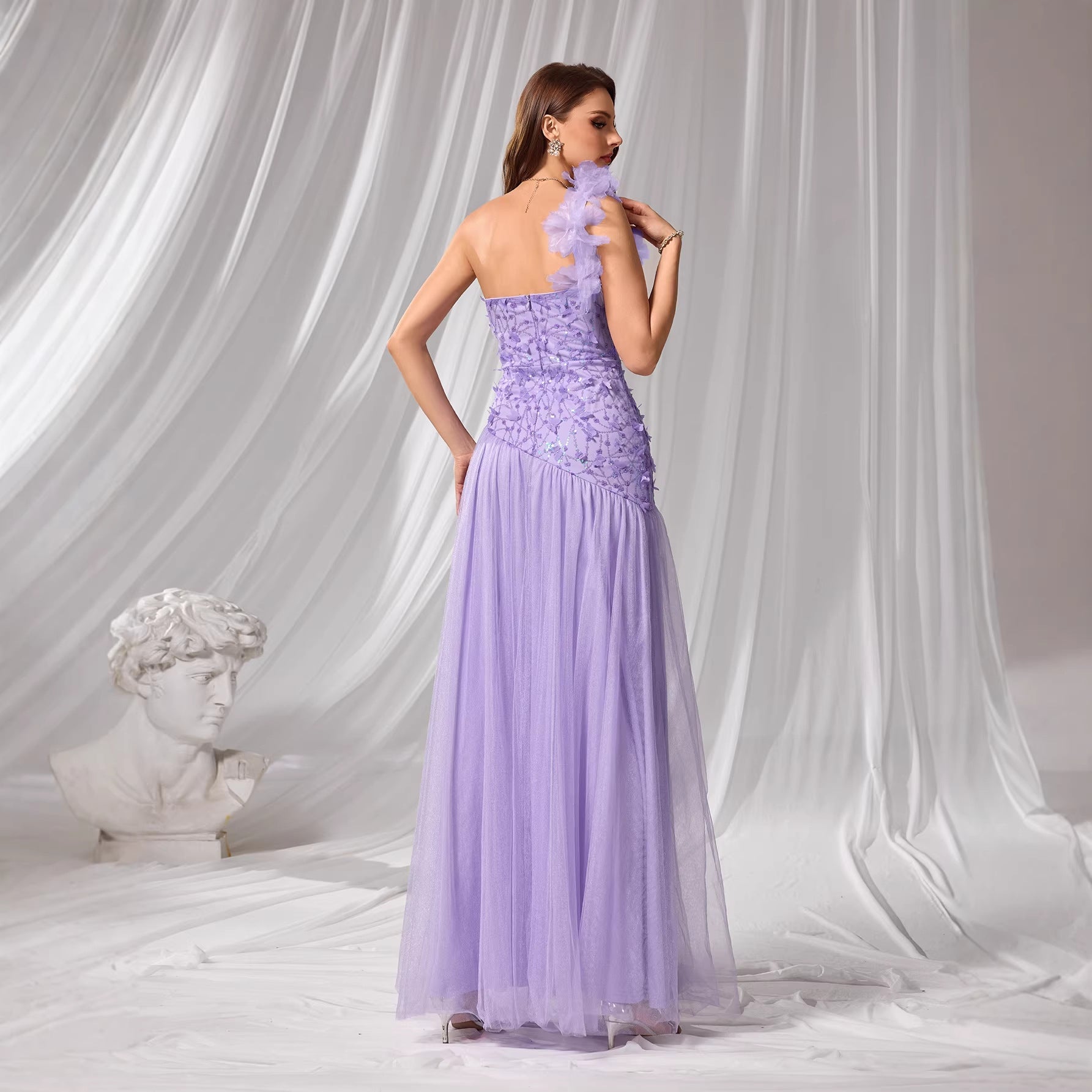 Evening Dress Group Women Solid Color Slim Fit Petals Shoulder Strap Chest Wrapped Dress