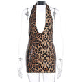 Spring Sexy Sleeveless Halter Leopard Print Deep V Plunge neck Backless Sheath Dress Women