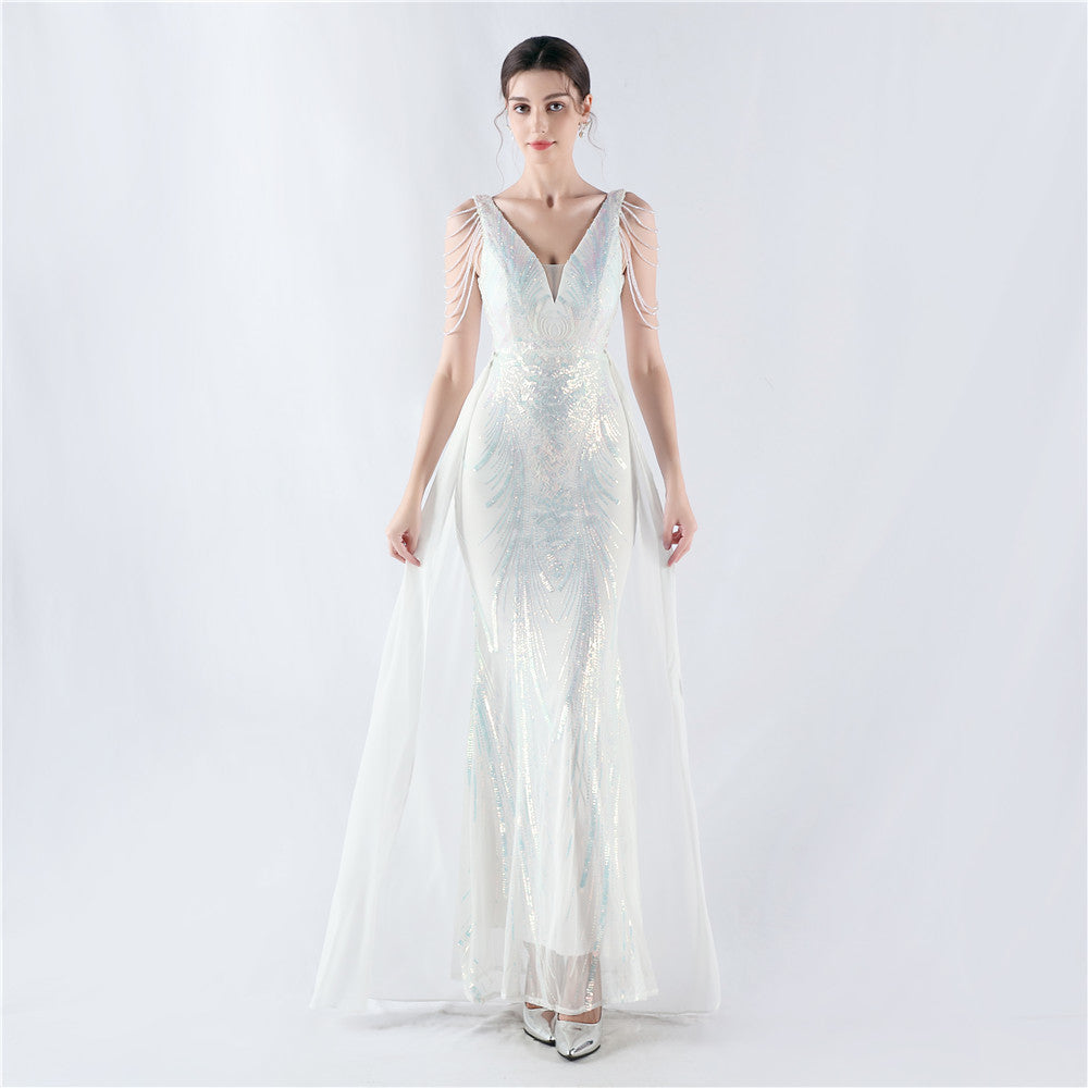 Dress Positioning Floral Sequin with Cloak Craft Beading High-End Evening Dress Annual Meeting Owner