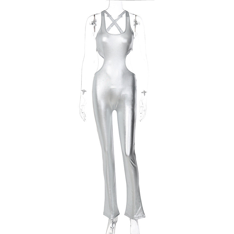 Metallic Coated Fabric Women Clothing Winter Solid Color Faux Leather Sexy Cutout Backless Slim Fit Sling Jumpsuit