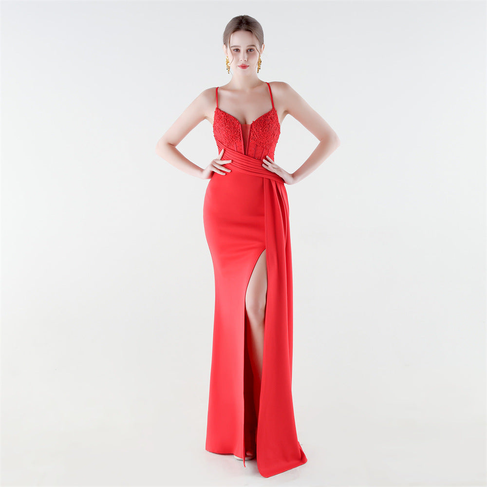 Deep V Plunge Waist Tight High Slit Sequin Embroidered Strap Slim Fit Elegant Evening Dress
