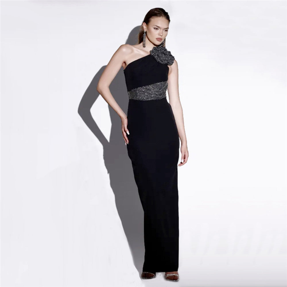 Sexy Diagonal Collar Sleeveless Rhinestone Floral Bandage One Piece Dress Party Cocktail Evening Dress