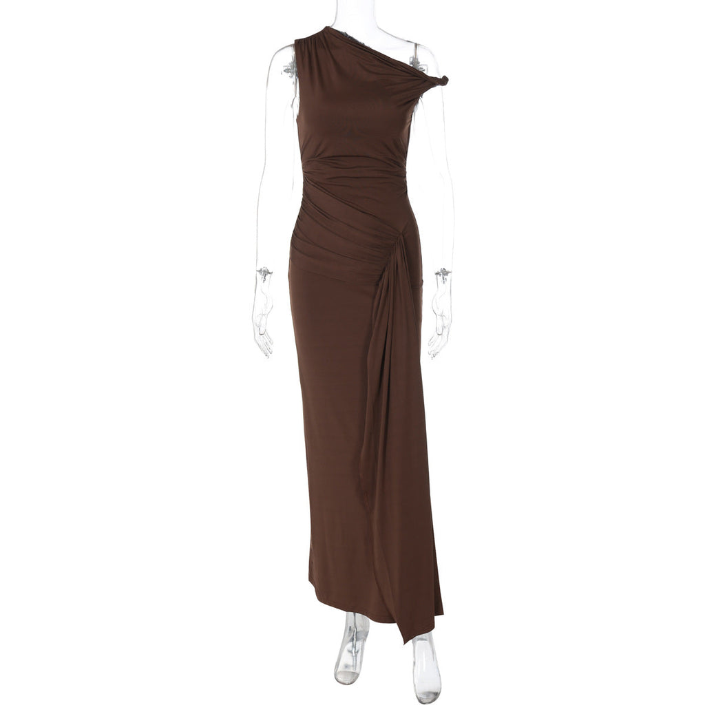 Women Clothing Summer Slim Diagonal Collar Sleeveless Bandage Solid Color Dress Women