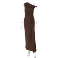Women Clothing Summer Slim Diagonal Collar Sleeveless Bandage Solid Color Dress Women