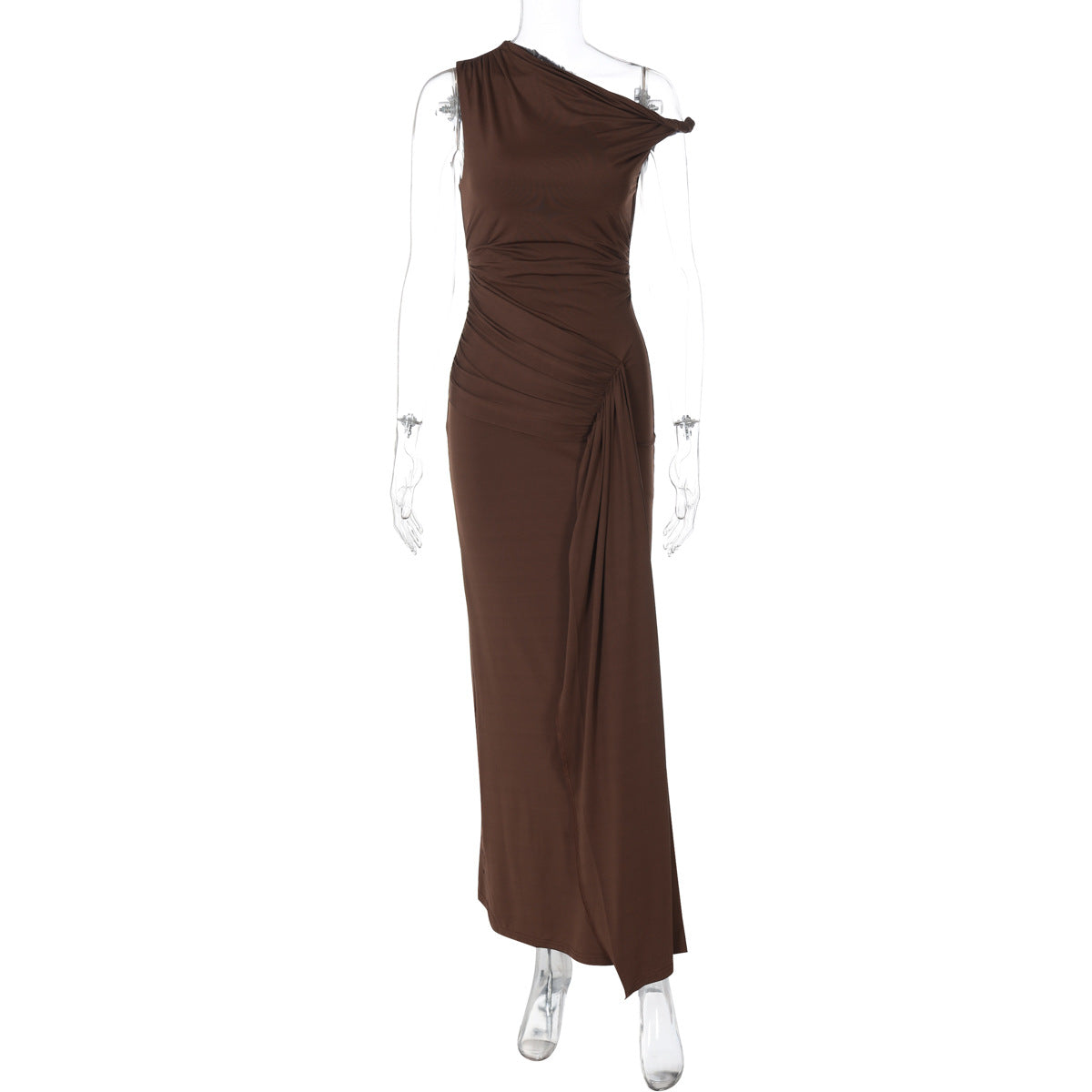 Women Clothing Summer Slim Diagonal Collar Sleeveless Bandage Solid Color Dress Women