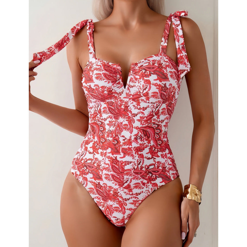 Bikini Siamese Conservative Swimsuit Digital Printed Belly Covered Slimming V Neckline Swimsuit