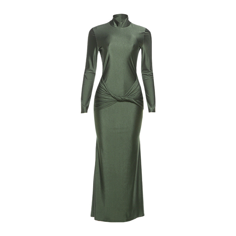 Autumn Winter Slim Waist Half Turtleneck Pleated Solid Color Maxi Dress Dress Women
