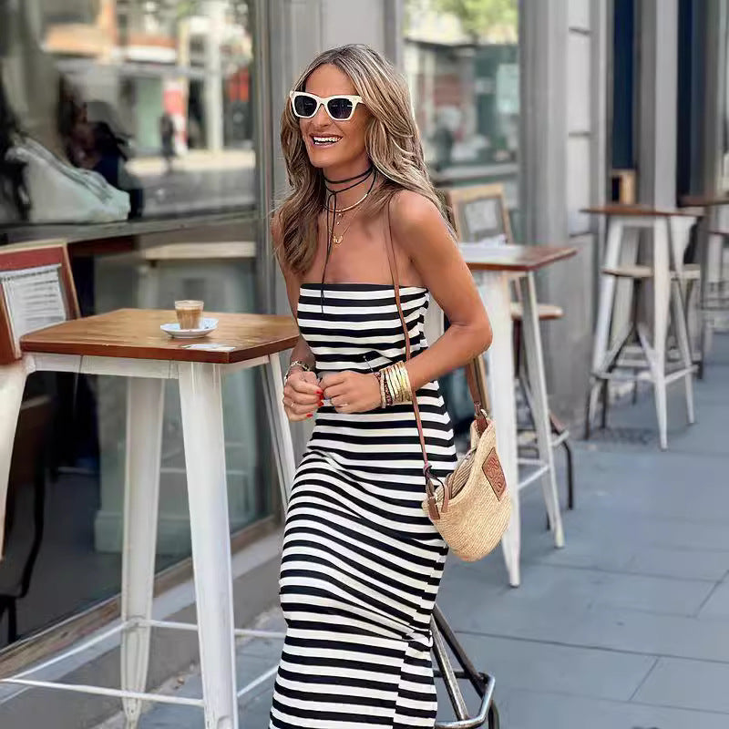 Striped Dress Summer Striped Wrapped Chest Split Sheath Dress