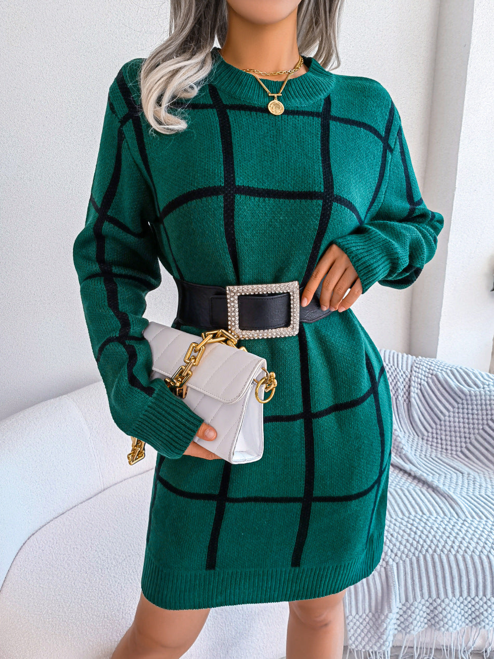 Autumn Winter Casual Color Contrast Check Long Sleeve Base Sweater Dress Women Clothing No Belt