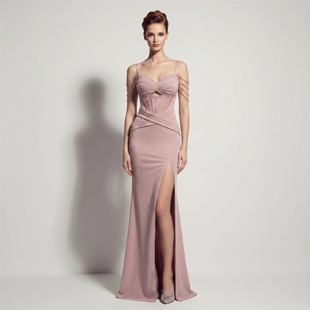 Sling Satin High Slit Boning Corset Strap Fishtail Long Annual Party Evening Dress