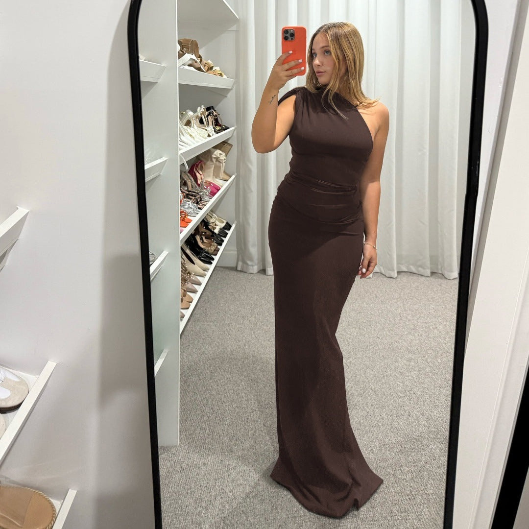 Women Clothing Summer Sexy Slant Shoulder High Waist Slim Fit Slimming Solid Color Sheath Dress