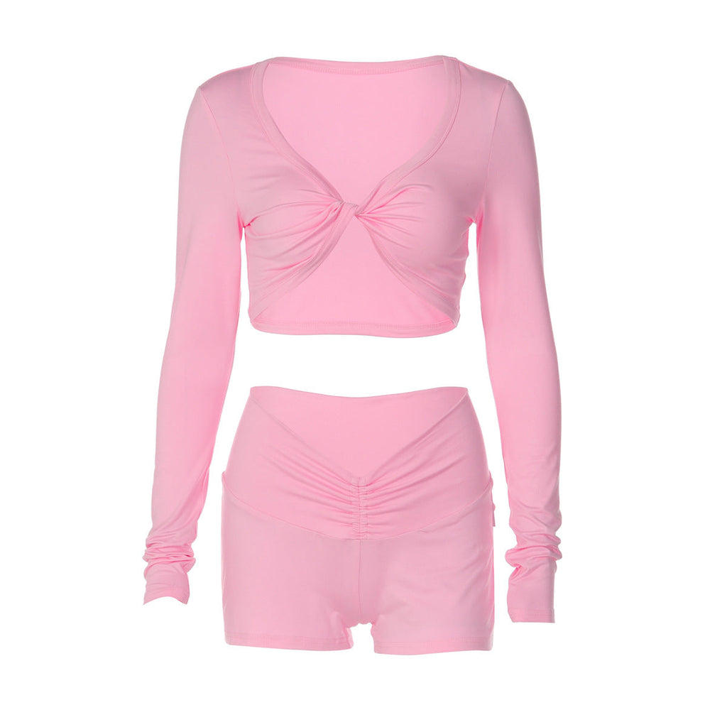 Winter Solid Color Twisted Long Sleeved Top Tight Shorts Sports Casual Set for Women