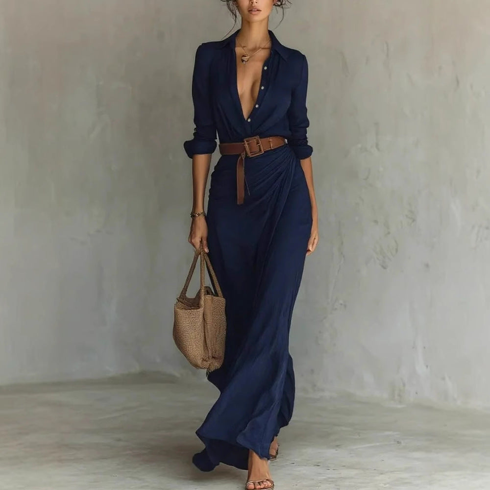 Women Clothing Autumn Elegant Graceful Sexy Solid Color Irregular Asymmetric Pleated Dress with Belt