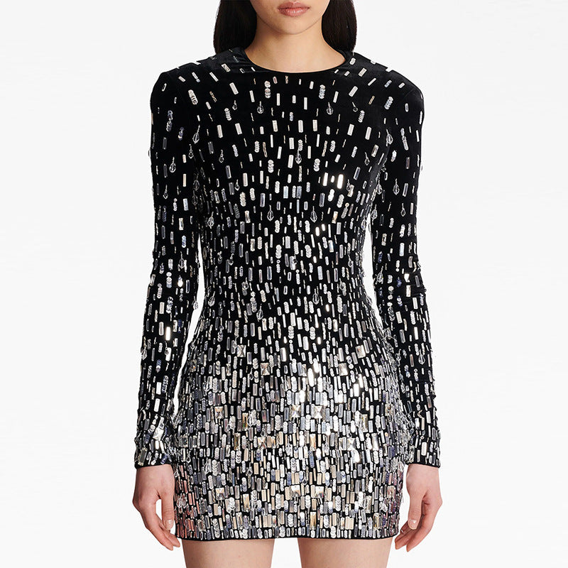 Women Autumn Winter Stars Heavy Industry Beads Sequined Pleuche Long Sleeve Dress