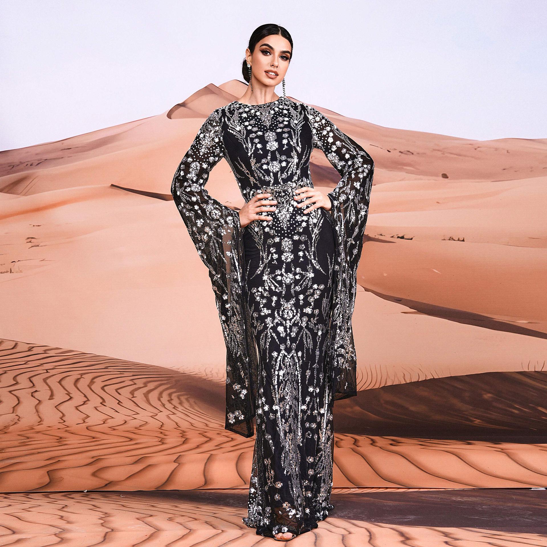 Super Long Sleeve Crew Neck Sexy Slim Long Sequined Cocktail Evening Dress Bridesmaid Dress