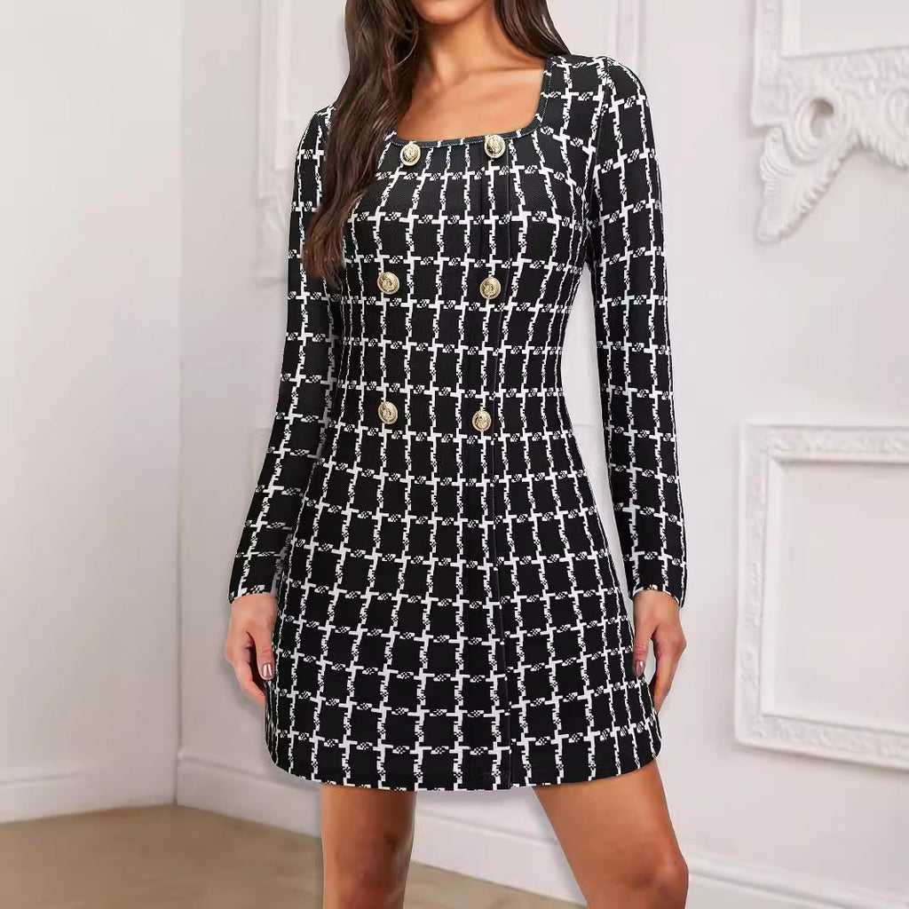 Women Dress Women Clothing Elegant Office Square Collar Plaid Printed Fastener Decoration Long Sleeve Dress