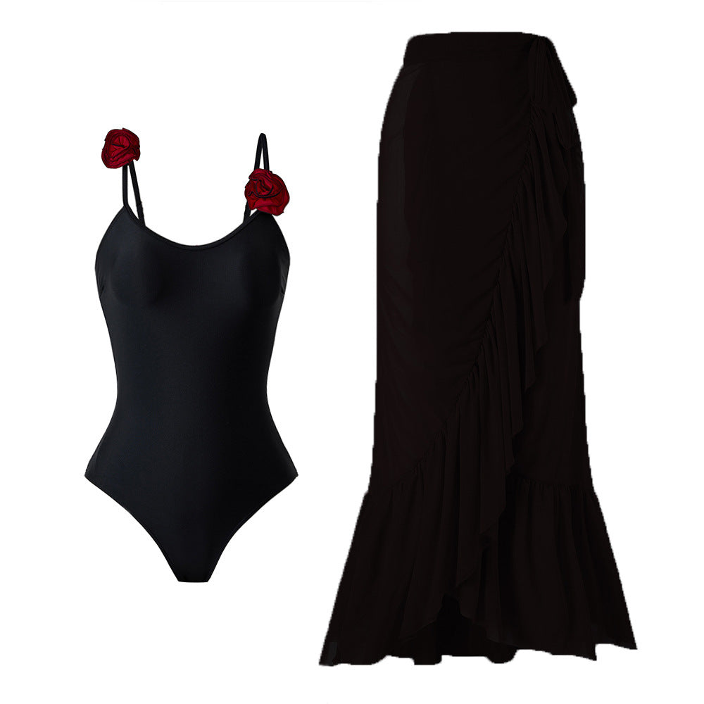 One Piece Swimsuit Women Solid Color Sexy Two Piece Set Swimsuit Tulle Skirt