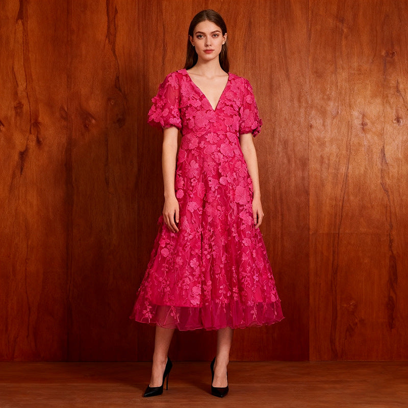 Elegant Women Elegant Simple Bubble Sleeve High Waist V neck Embroidered Dress Autumn Patchwork Dress