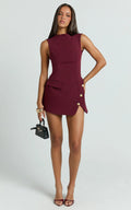 Short Evening Dress Solid Color Half Collar Sleeveless Faux Pocket Split Button Dress