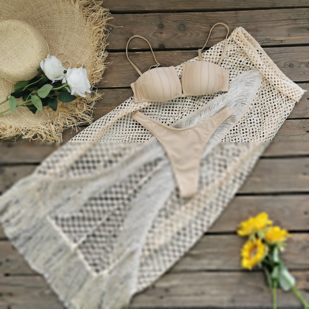 Bikini Half Length Tulle Skirt Tassel Three Piece Set Sexy Split Swimsuit Beach
