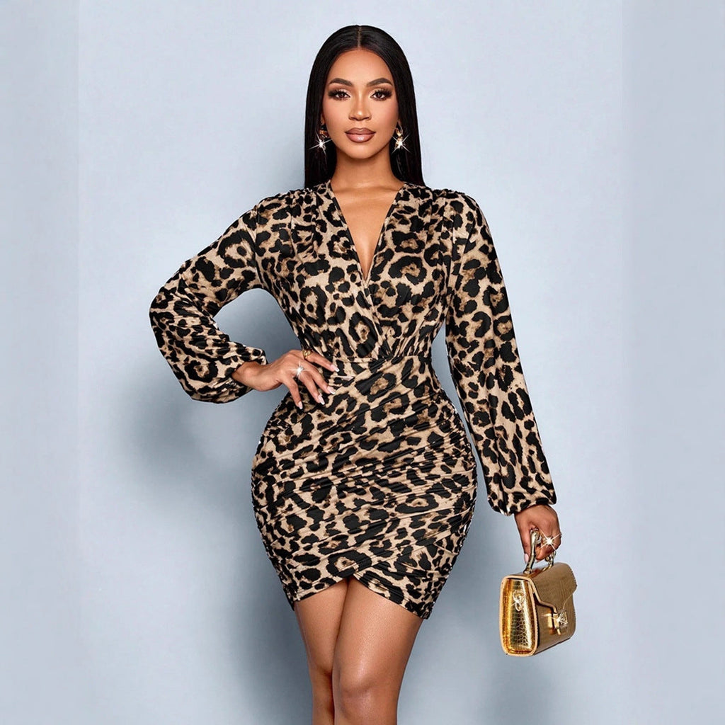 Women Clothing Autumn Winter Leopard Print Long Sleeve Dress Sexy Printed Satin Dress