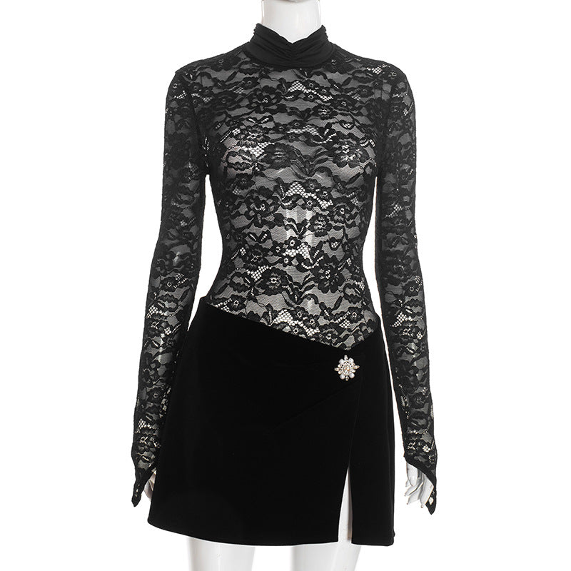 Women Clothing Autumn Winter Sexy Turtleneck Slim Lace Long Sleeve Split Skirt Casual Two Piece Sets