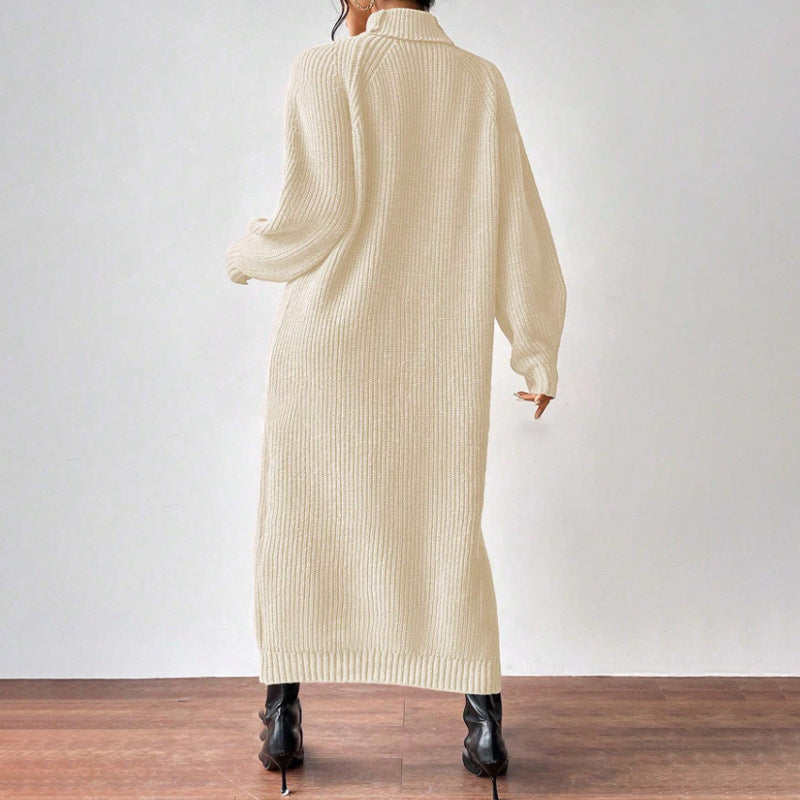Women Clothing Woolen Pullover High Collar Long Sleeve Knitted Dress Solid Color Long Inner Wear Dress