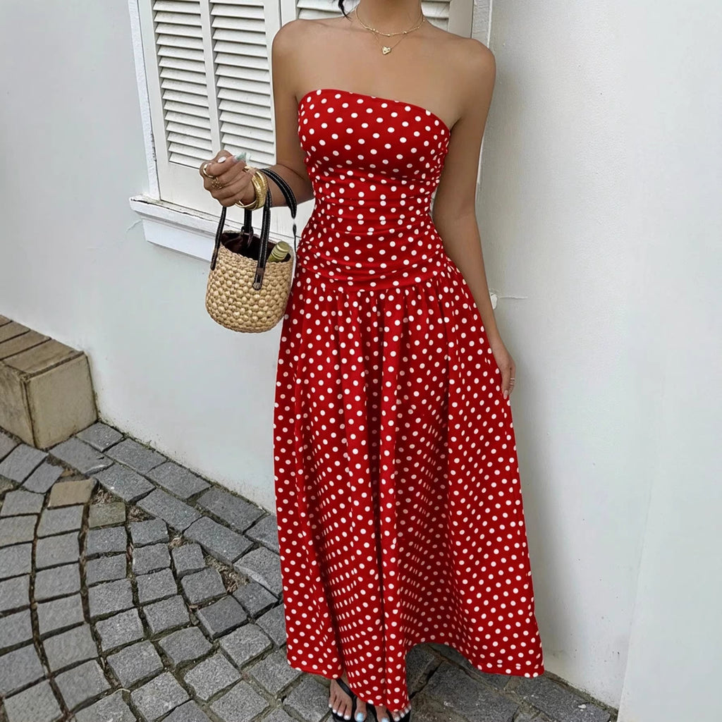 Spring Summer Sexy off the Shoulder Polka Dot A line Elegant Waist Slimming Dress Evening Dress