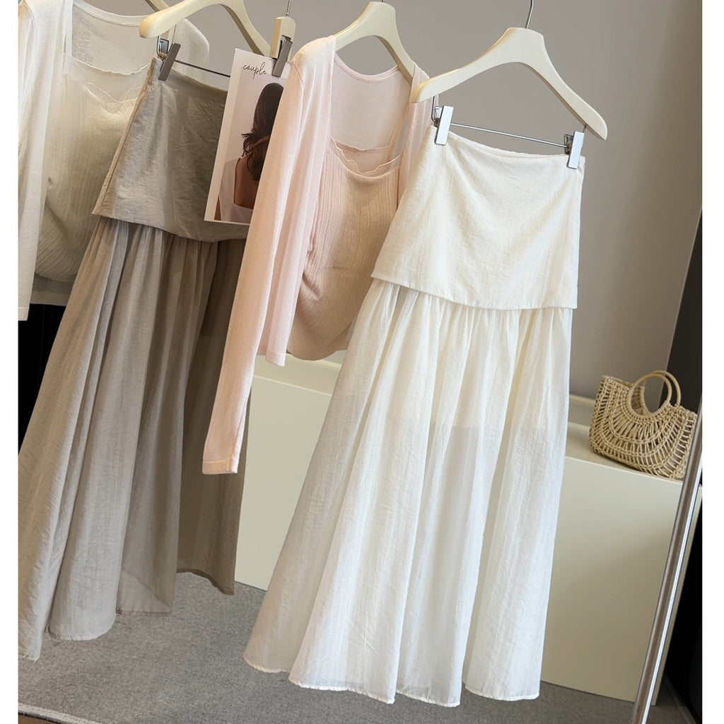 Korean Double Layer Mesh Skirt Women Summer High Waist Design Drape Stylish Thin A line Midi