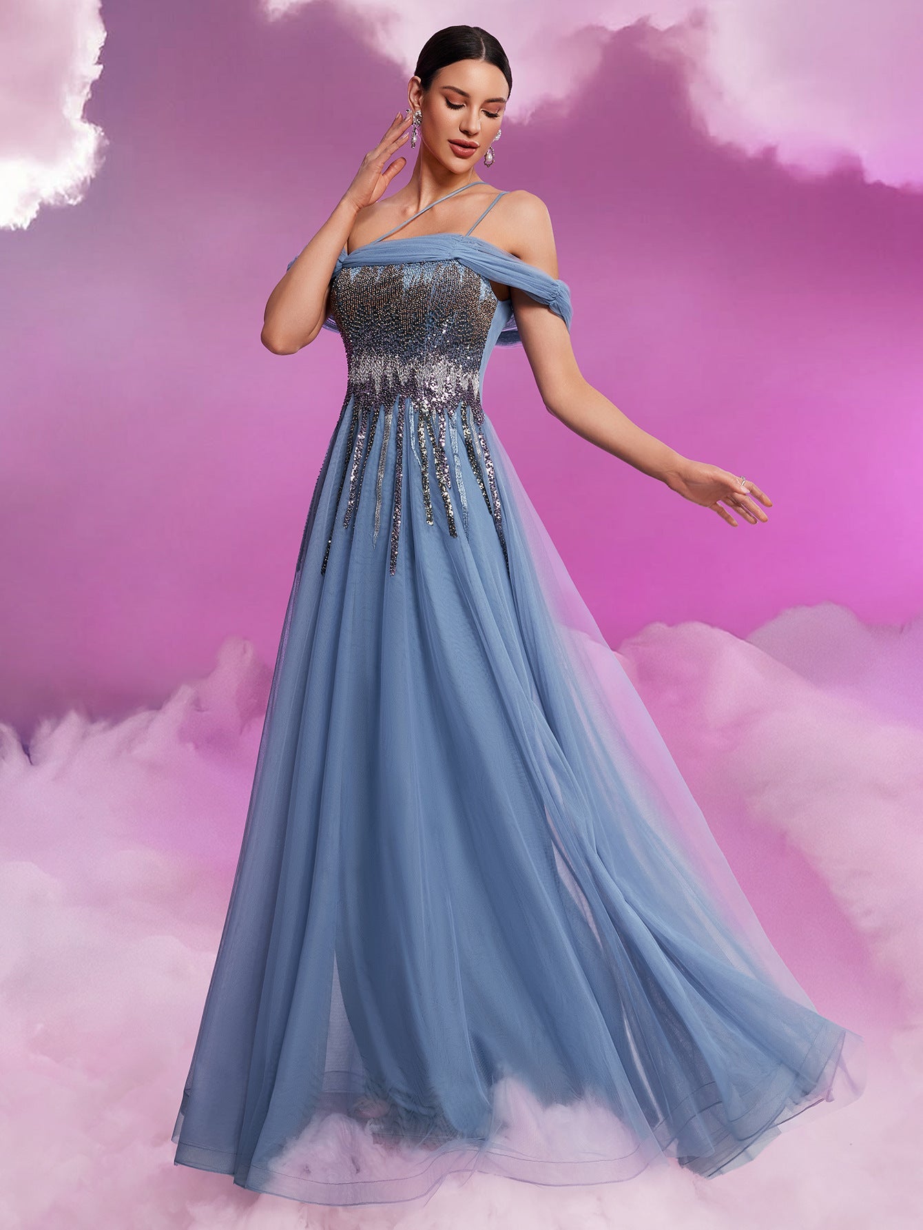 Elegant Sequin Mesh Fit Tube Top Elegant Cocktail Formal Dinner Dress Large a Swing Floor Dress