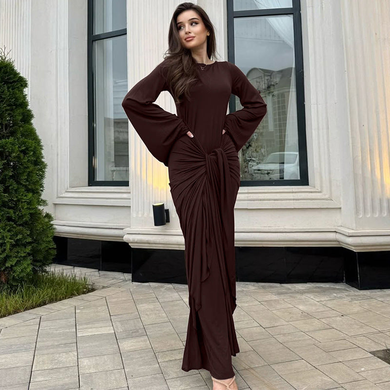 Women Clothing Autumn Pleated Waist Tight Lace up Long Sleeve Dress Women
