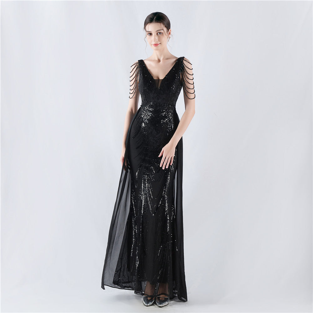 Dress Positioning Floral Sequin with Cloak Craft Beading High-End Evening Dress Annual Meeting Owner