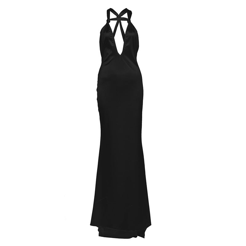 Autumn Winter Women Solid Color Sexy Deep V Plunge neck Backless Formal Dress Strap Dress
