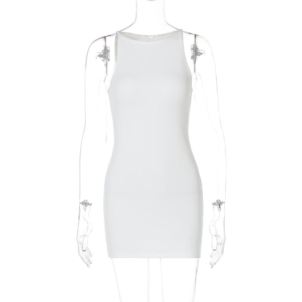 Women Clothing Summer Casual Solid Color round Neck Sleeveless All Matching Short Dress