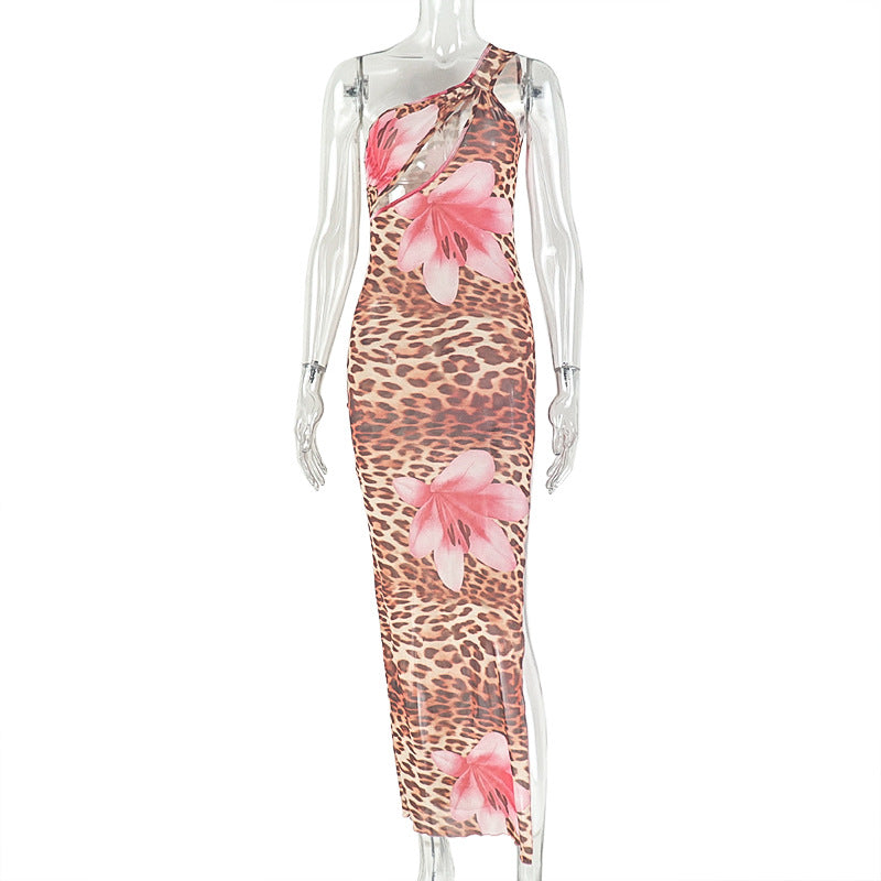 Niche Personality Lady Clothing Bag Stitching Leopard Print Hip Dress Diagonal Collar Wrapped Chest Asymmetric Split Dress