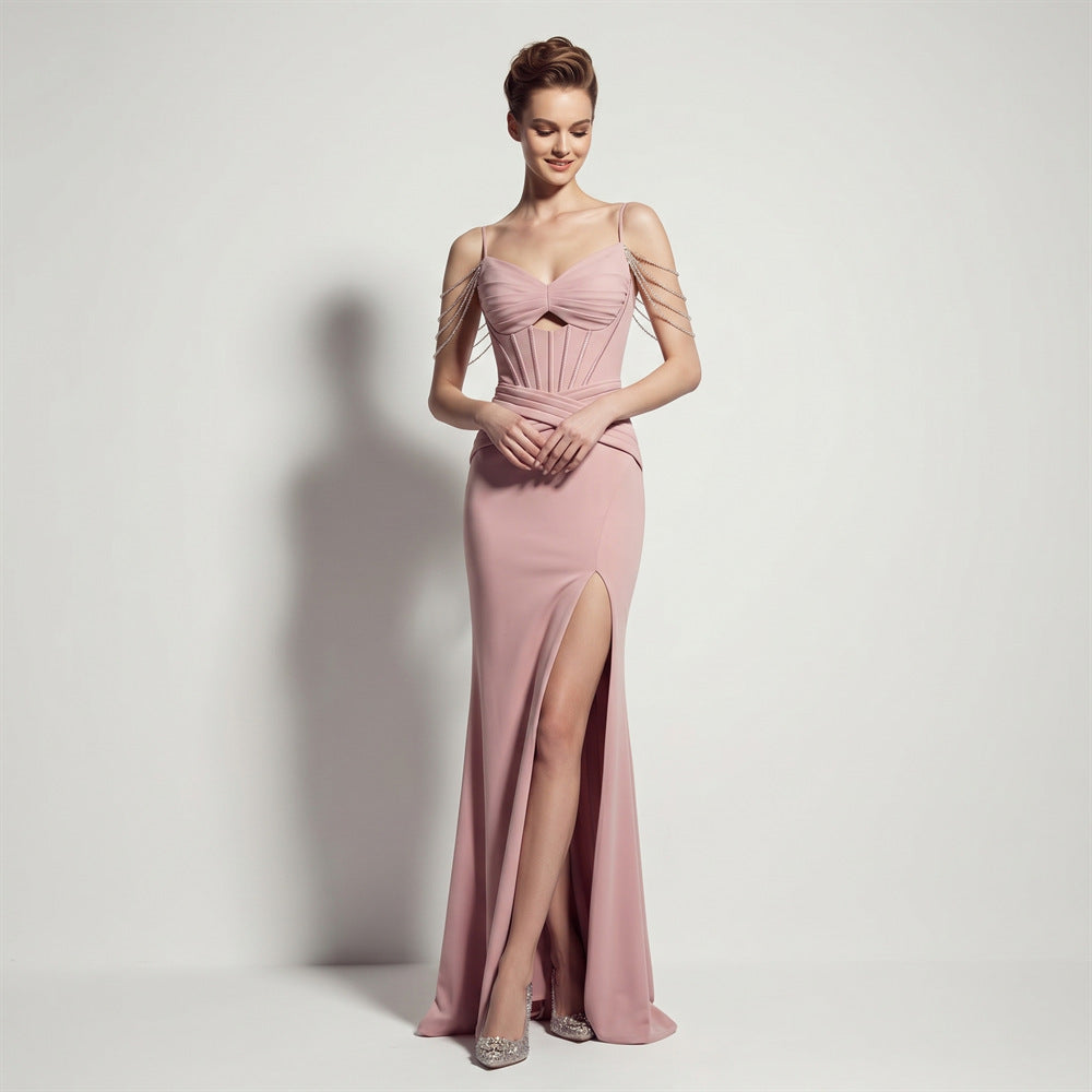 Sexy Satin High Slit Slim Fit Lace up Fishtail Long Annual Party Party Evening Dress