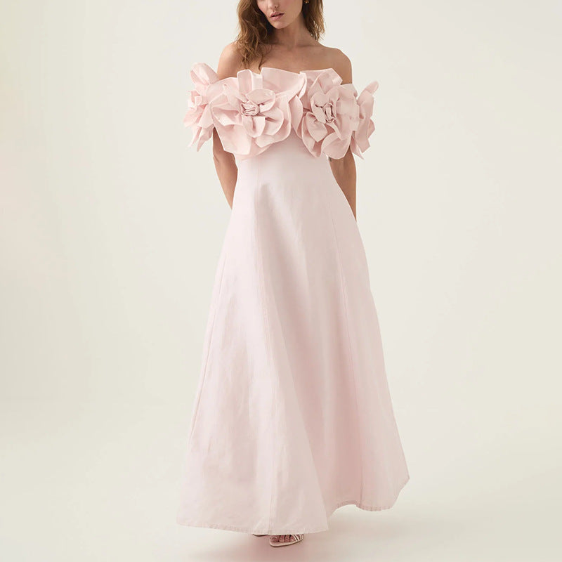 Graceful Tube Top Maxi Dress Early Spring Three Dimensional Floral Waist Slimming Socialite Solid Color Dress