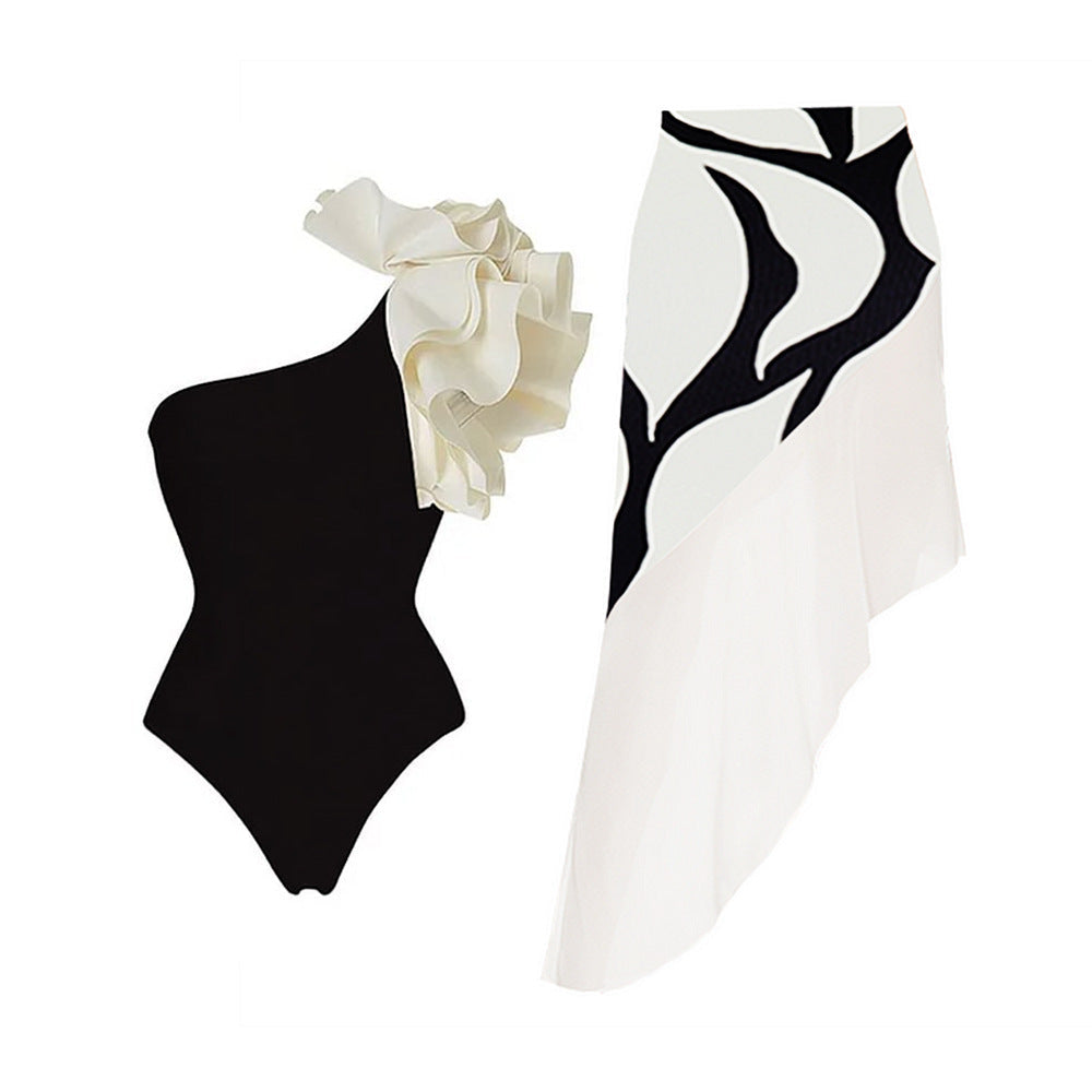 Solid Color Single Shoulder One Piece Swimming Suit Women Holiday Suit Skirt Swimsuit