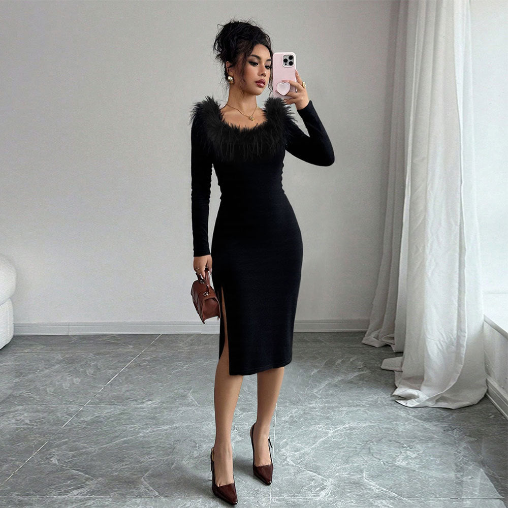 Black Plush Neckline Dress Women Fall Winter Slim Maxi Dress Side Slit Elegant Dinner Dress