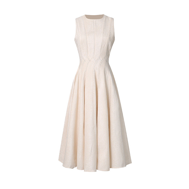 Elegant Beige Sleeveless Dress Autumn Winter Women Clothing Rhinestone Stitching Socialite Ruffled