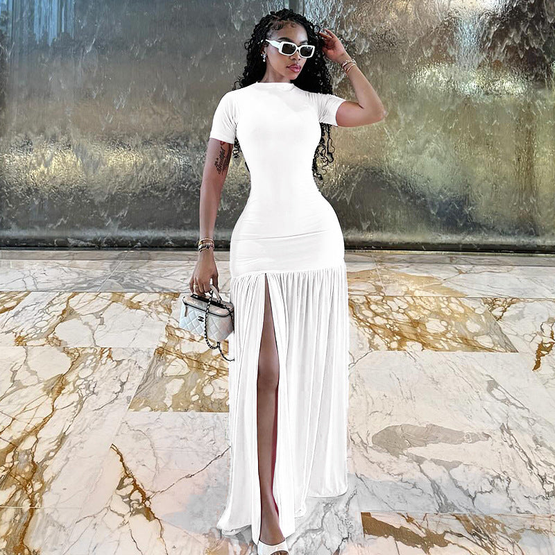 Slim Fit Solid Color Women Clothing Crew Neck Simple Hip Dress Slimming Patchwork Short Sleeve Maxi Dress