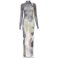 Women Clothing Autumn Sexy See through Long Sleeves Slim Fit Printed Dress