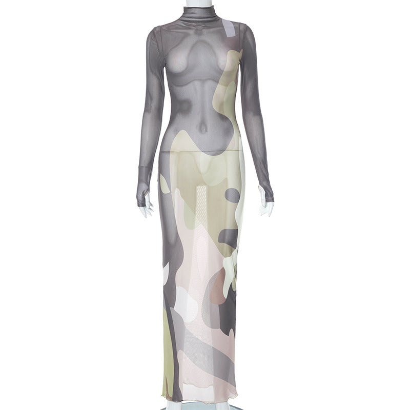 Women Clothing Autumn Sexy See through Long Sleeves Slim Fit Printed Dress